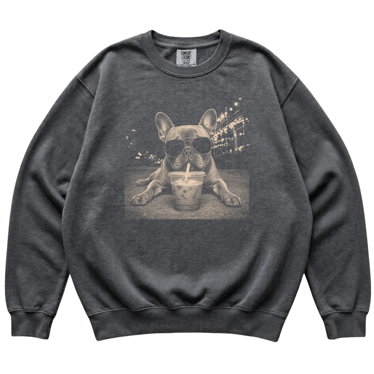 French Bulldog wearing aviator sunglasses and drinking iced coffee on a Pepper Comfort Colors 1566 Sweatshirt, flat lay view