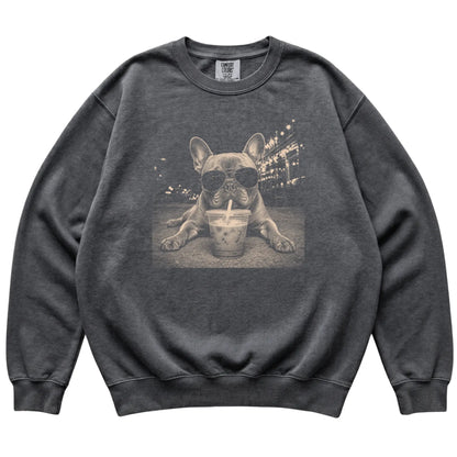 French Bulldog wearing aviator sunglasses and drinking iced coffee on a Pepper Comfort Colors 1566 Sweatshirt, flat lay view