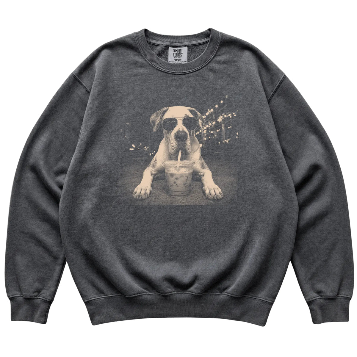 Great Dane wearing aviator sunglasses and drinking iced coffee on a Pepper Comfort Colors 1566 Sweatshirt, flat lay view