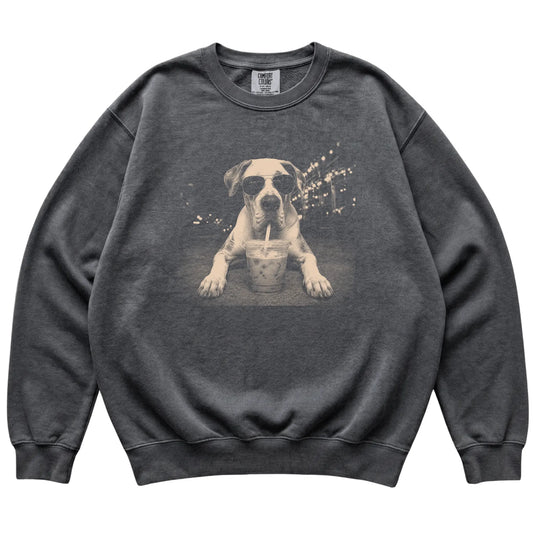 Great Dane wearing aviator sunglasses and drinking iced coffee on a Pepper Comfort Colors 1566 Sweatshirt, flat lay view