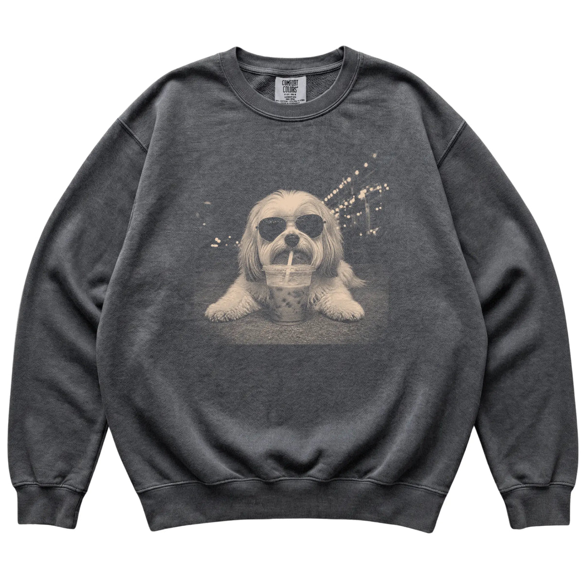 Havanese wearing aviator sunglasses and drinking iced coffee on a Pepper Comfort Colors 1566 Sweatshirt, flat lay view