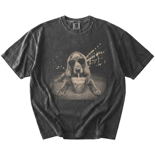 Irish Setter with iced coffee in a retro grunge design on a Pepper Comfort Colors® T-shirt