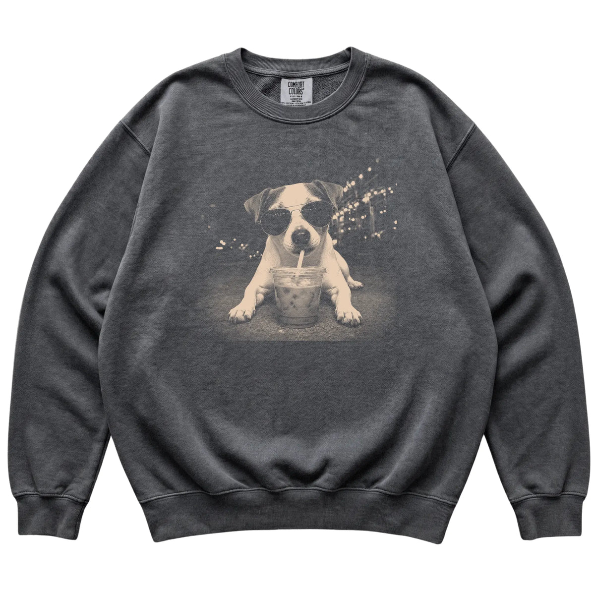 Jack Russell wearing aviator sunglasses and drinking iced coffee on a Pepper Comfort Colors 1566 Sweatshirt, flat lay view