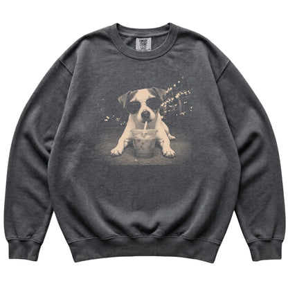 Jack Russell wearing aviator sunglasses and drinking iced coffee on a Pepper Comfort Colors 1566 Sweatshirt, flat lay view