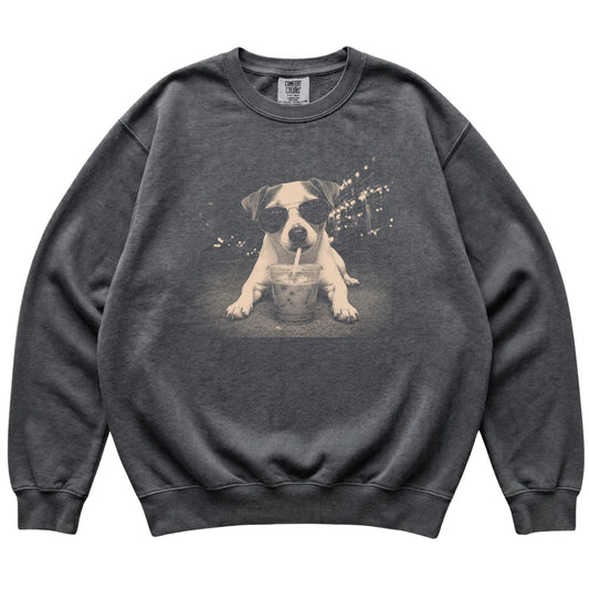 Jack Russell wearing aviator sunglasses and drinking iced coffee on a Pepper Comfort Colors 1566 Sweatshirt, flat lay view