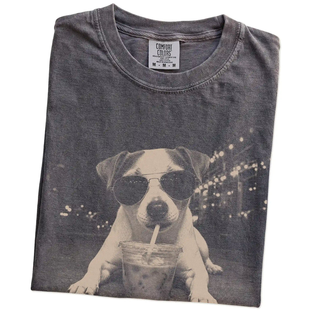 Folded Pepper Comfort Colors® T-shirt showing Jack Russell with iced coffee in a retro grunge design