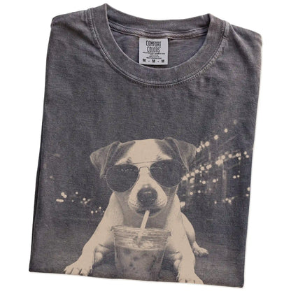 Folded Pepper Comfort Colors® T-shirt showing Jack Russell with iced coffee in a retro grunge design