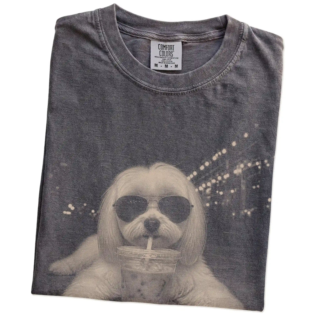 Folded Pepper Comfort Colors® T-shirt showing Maltese with iced coffee in a retro grunge design