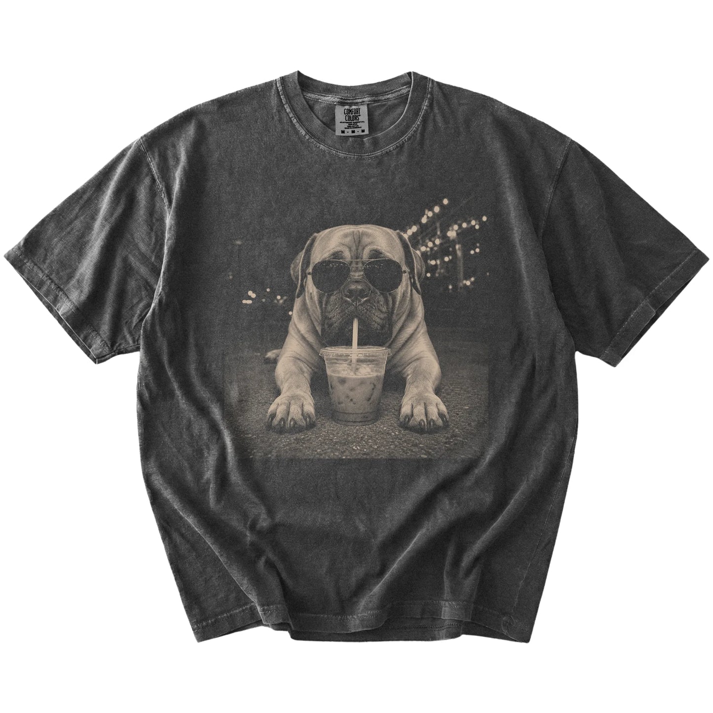 Mastiff with iced coffee in a retro grunge design on a Pepper Comfort Colors® T-shirt