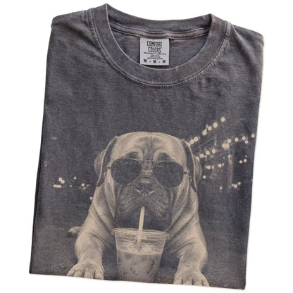 Folded Pepper Comfort Colors® T-shirt showing Mastiff with iced coffee in a retro grunge design