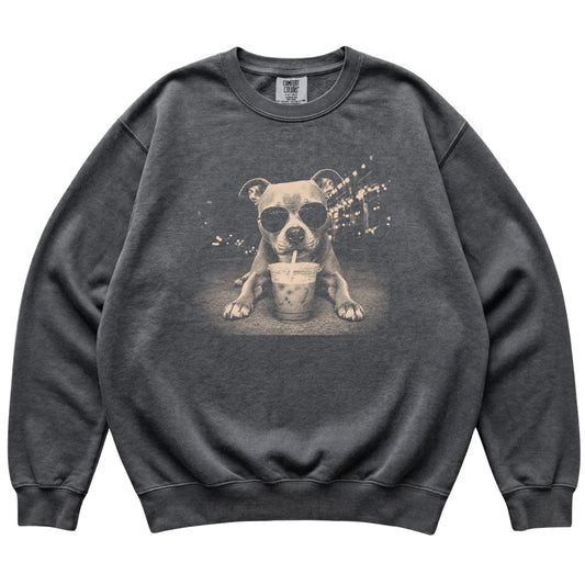 Pitbull wearing aviator sunglasses and drinking iced coffee on a Pepper Comfort Colors 1566 Sweatshirt, flat lay view