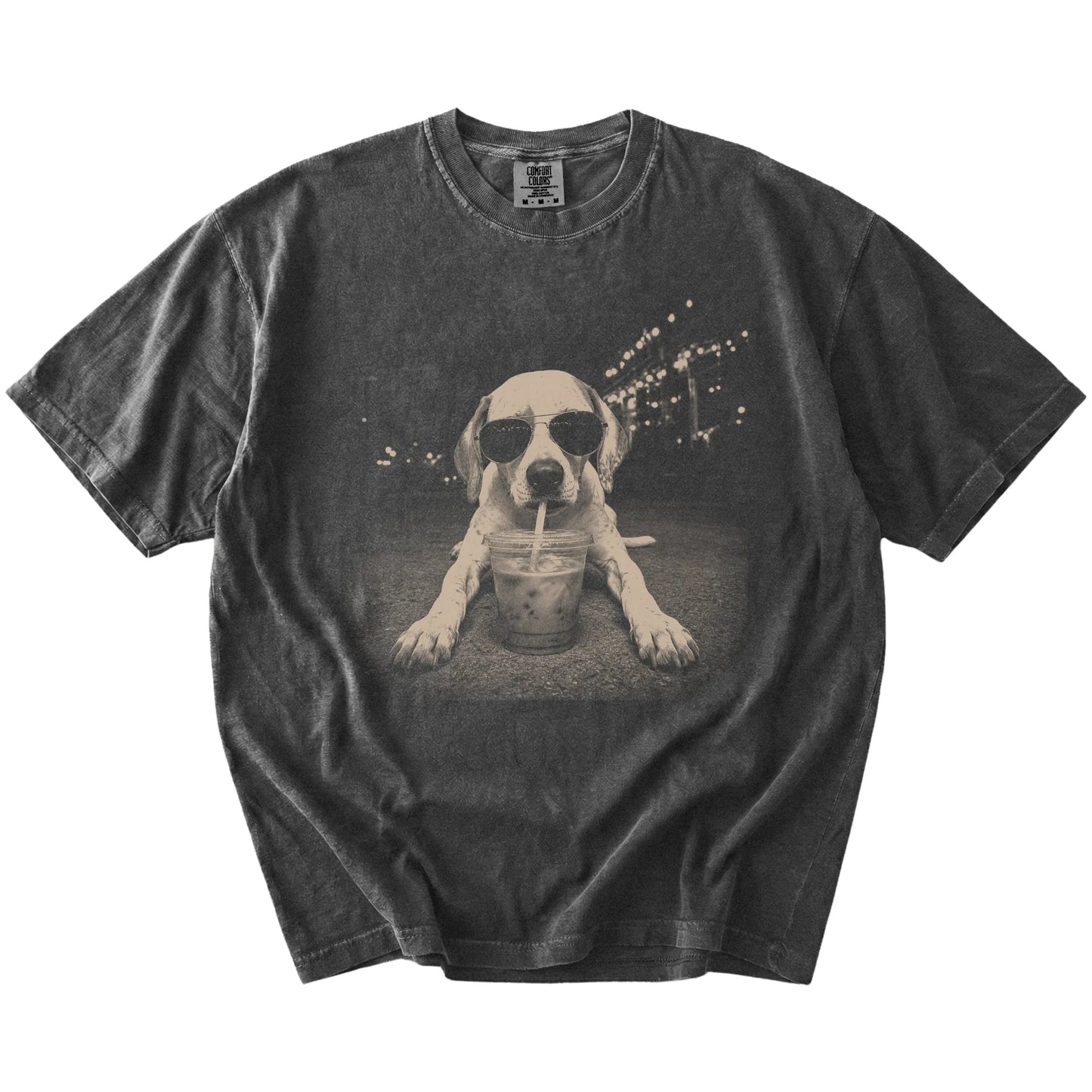 Pointer with iced coffee in a retro grunge design on a Pepper Comfort Colors® T-shirt