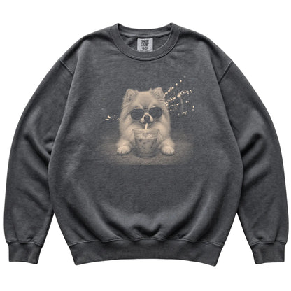 Pomeranian wearing aviator sunglasses and drinking iced coffee on a Pepper Comfort Colors 1566 Sweatshirt, flat lay view
