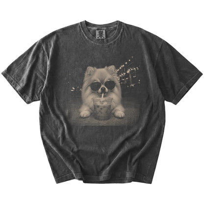 Pomeranian with iced coffee in a retro grunge design on a Pepper Comfort Colors® T-shirt