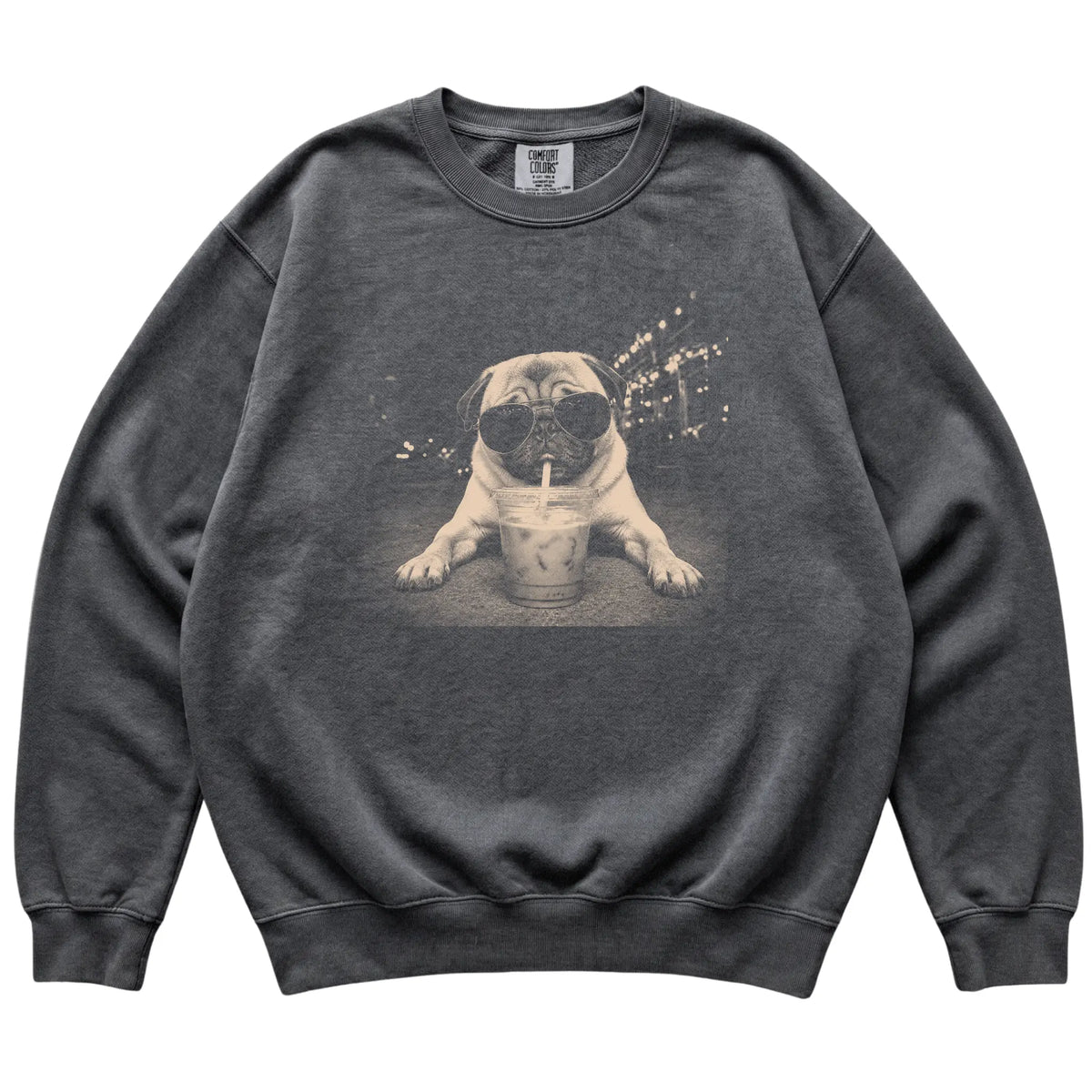 Pug wearing aviator sunglasses and drinking iced coffee on a Pepper Comfort Colors 1566 Sweatshirt, flat lay view