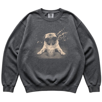 Pug wearing aviator sunglasses and drinking iced coffee on a Pepper Comfort Colors 1566 Sweatshirt, flat lay view