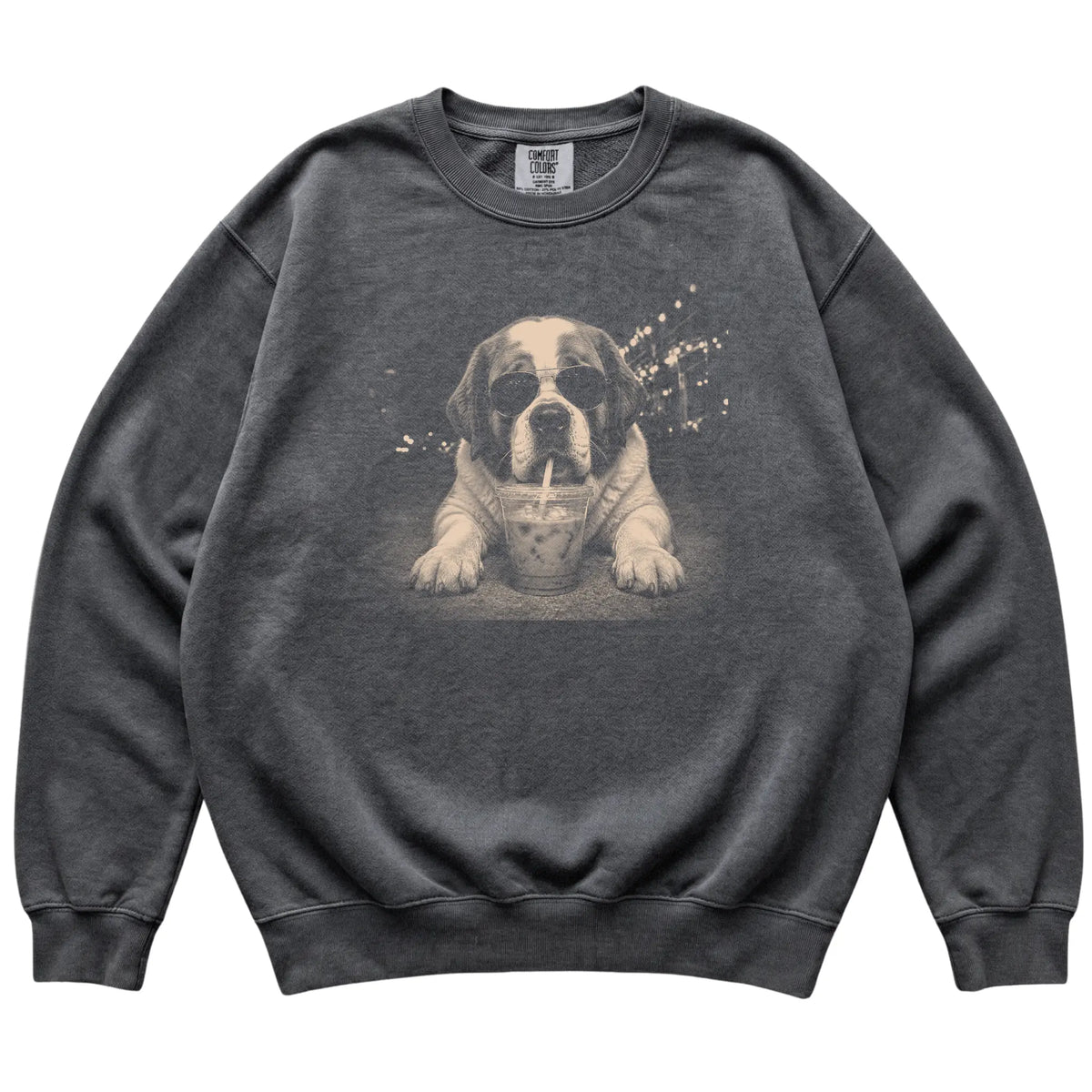 Saint Bernard wearing aviator sunglasses and drinking iced coffee on a Pepper Comfort Colors 1566 Sweatshirt, flat lay view