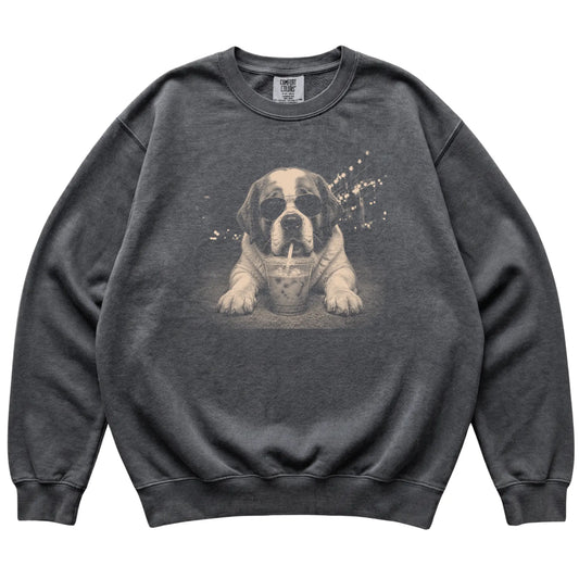 Saint Bernard wearing aviator sunglasses and drinking iced coffee on a Pepper Comfort Colors 1566 Sweatshirt, flat lay view
