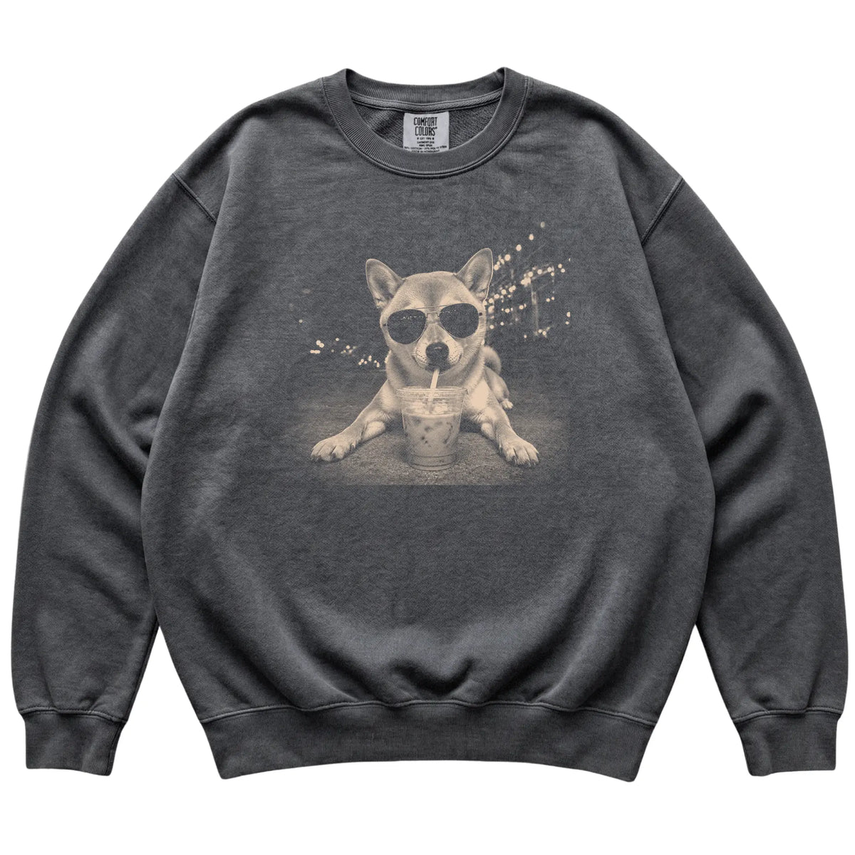 Shiba Inu wearing aviator sunglasses and drinking iced coffee on a Pepper Comfort Colors 1566 Sweatshirt, flat lay view