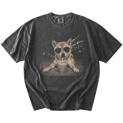 Shiba Inu with iced coffee in a retro grunge design on a Pepper Comfort Colors® T-shirt