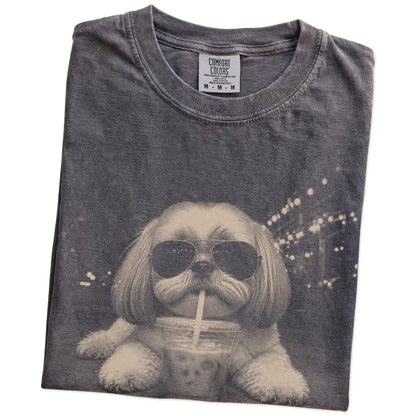 Folded Pepper Comfort Colors® T-shirt showing Shih Tzu with iced coffee in a retro grunge design