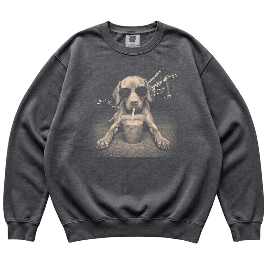 Vizsla wearing aviator sunglasses and drinking iced coffee on a Pepper Comfort Colors 1566 Sweatshirt, flat lay view