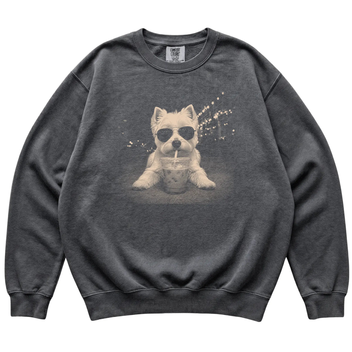 Westie wearing aviator sunglasses and drinking iced coffee on a Pepper Comfort Colors 1566 Sweatshirt, flat lay view