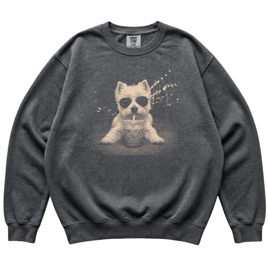 Westie wearing aviator sunglasses and drinking iced coffee on a Pepper Comfort Colors 1566 Sweatshirt, flat lay view