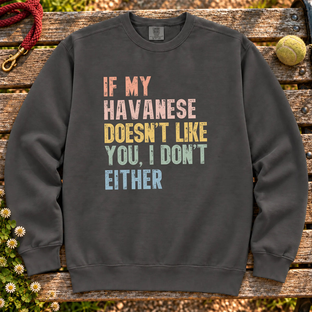“If my Havanese doesn’t like you, I don’t either” text on a Pepper sweatshirt