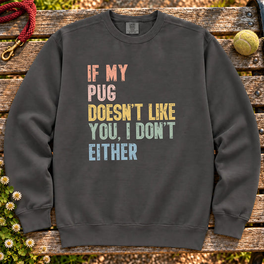 “If my Pug doesn’t like you, I don’t either” text on a Pepper sweatshirt