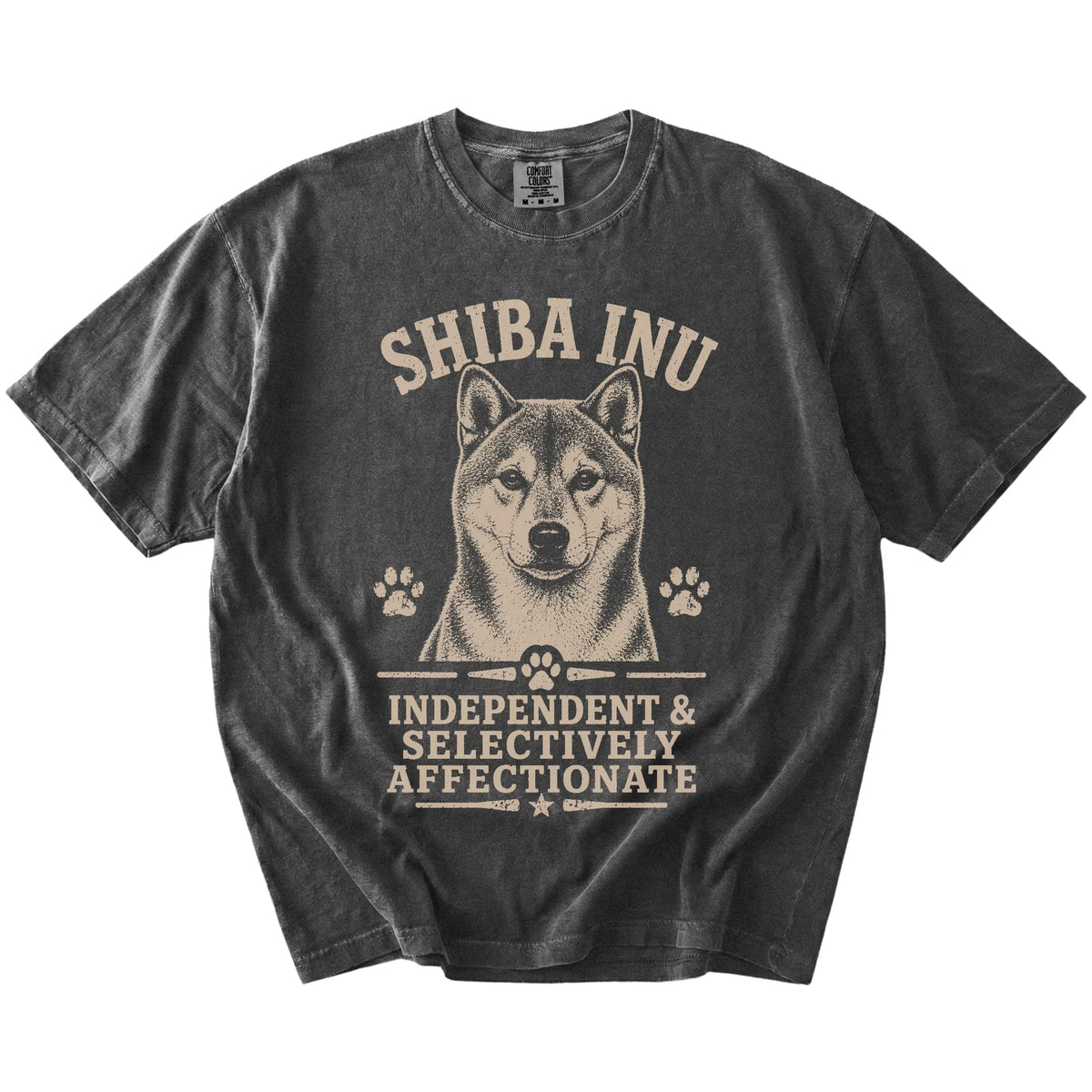 Shiba Inu design with “Independent & Selectively Affectionate” lettering on a Pepper Comfort Colors® T-shirt