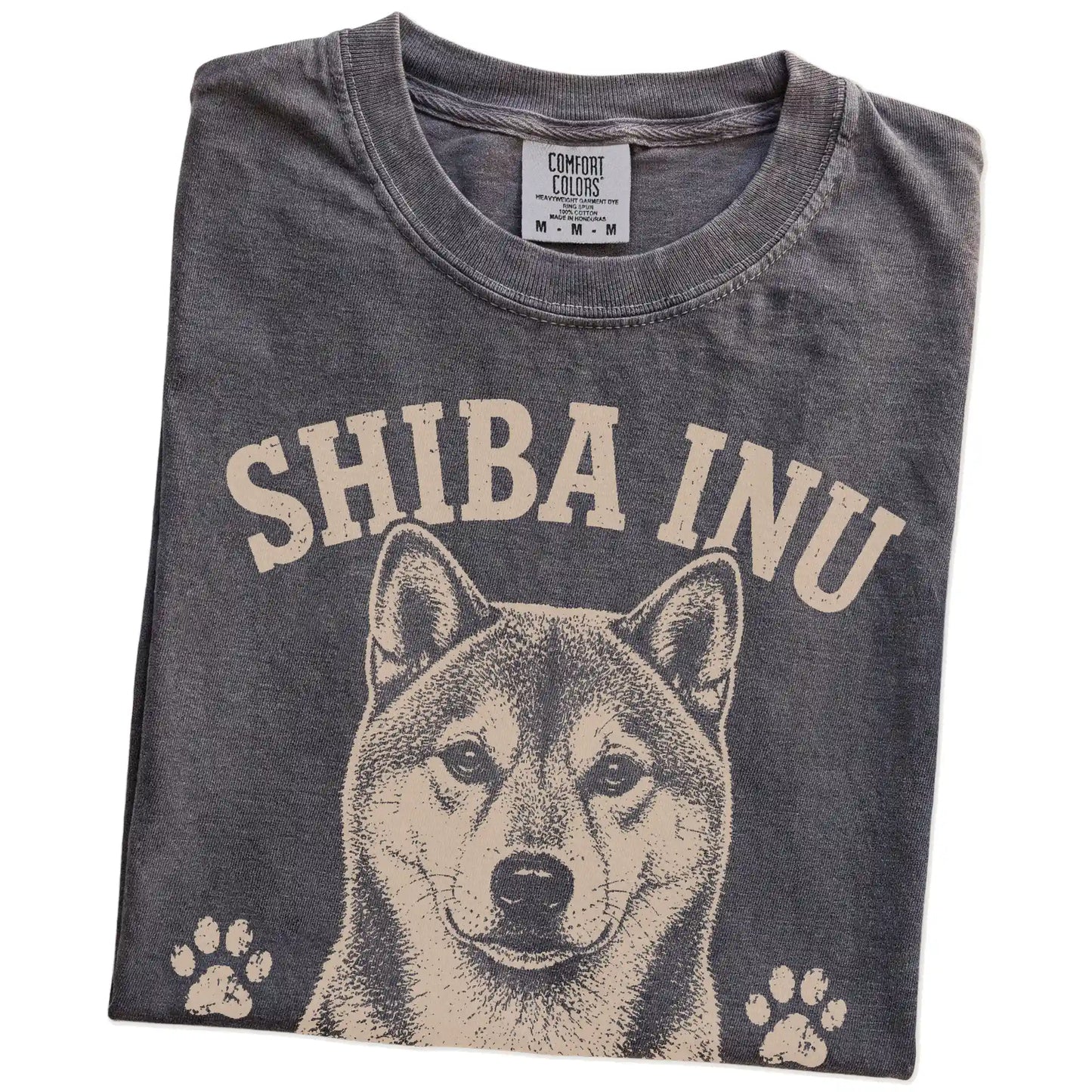 Folded Pepper Comfort Colors® T-shirt showing Shiba Inu design with “Independent & Selectively Affectionate” lettering