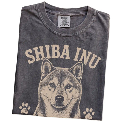 Folded Pepper Comfort Colors® T-shirt showing Shiba Inu design with “Independent & Selectively Affectionate” lettering