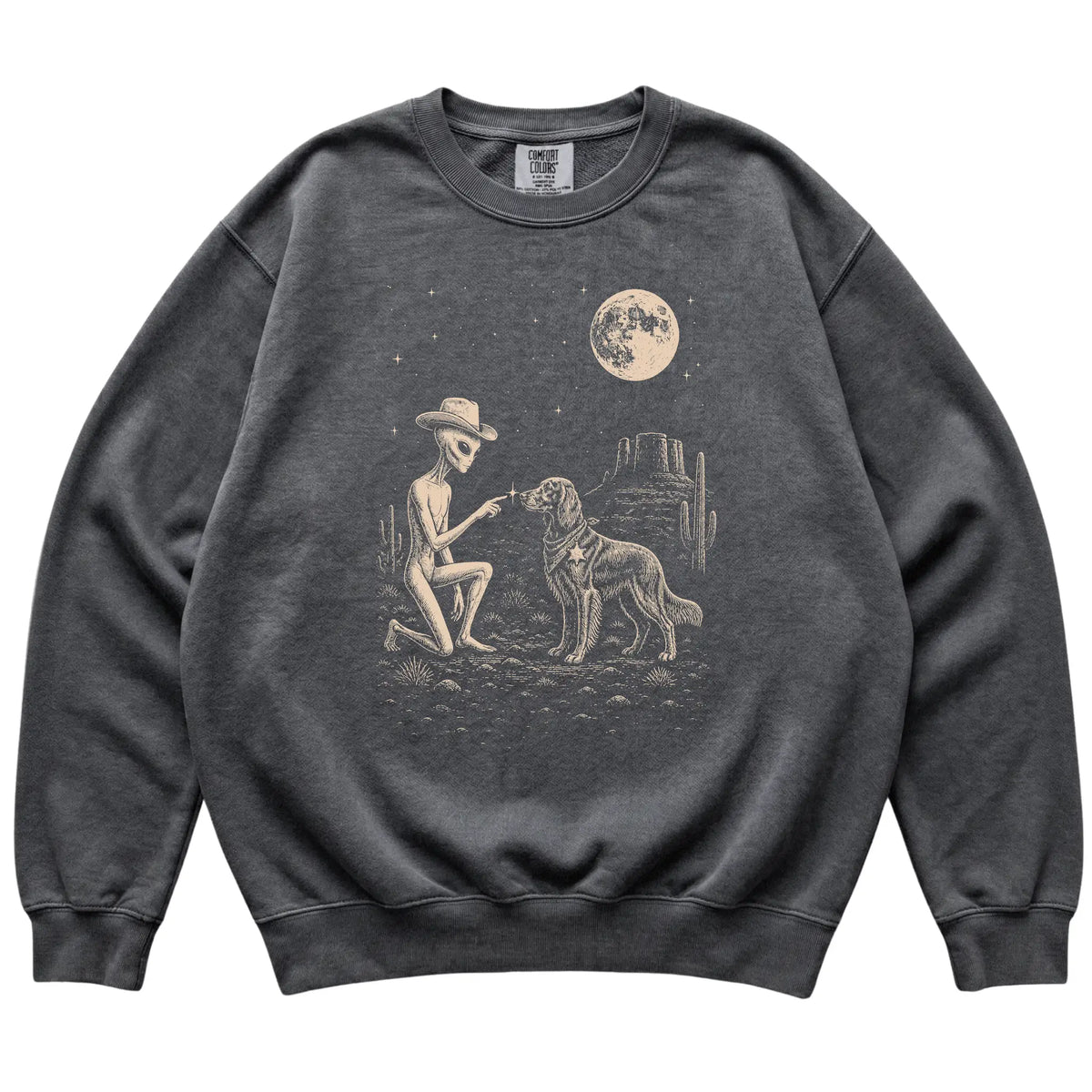 Pepper Comfort Colors® sweatshirt featuring Irish Setter Cowboy and Alien, laid-flat presentation