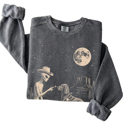 Pepper Comfort Colors® sweatshirt featuring Irish Setter Cowboy and Alien, folded presentation