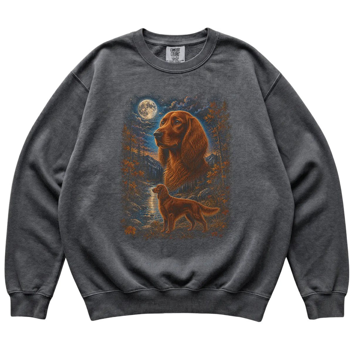 pepper sweatshirt with Irish Setter Autumn Moon artwork.