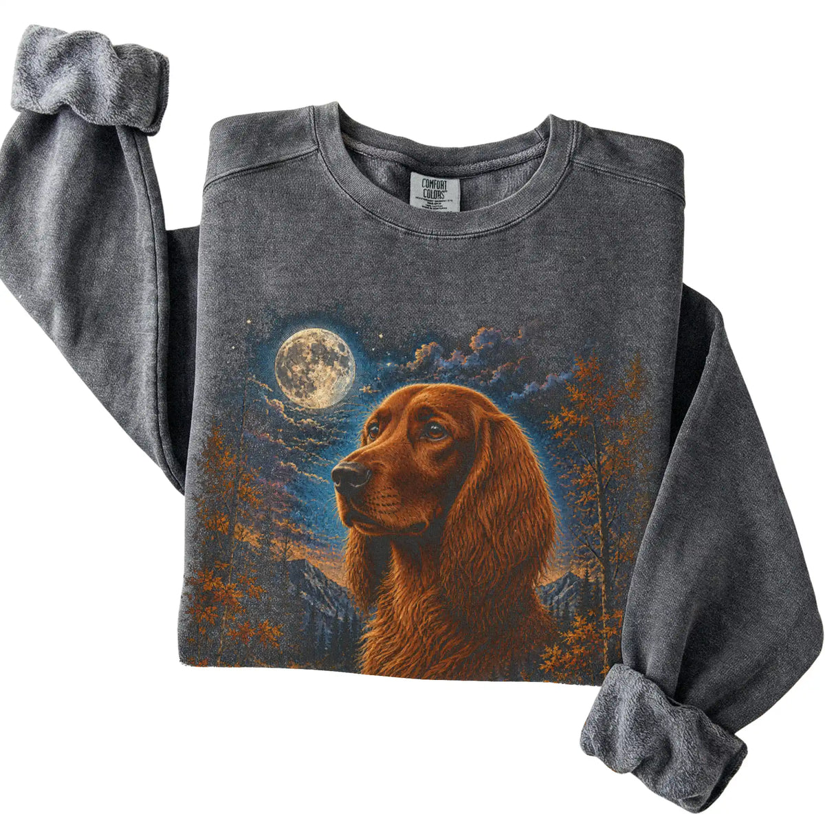 Folded pepper sweatshirt with Irish Setter Autumn Moon artwork.