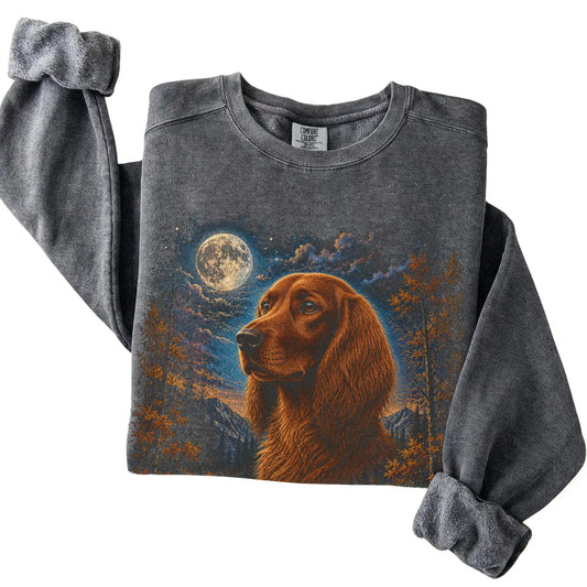 Folded pepper sweatshirt with Irish Setter Autumn Moon artwork.