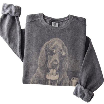 Pepper Irish Setter drinking from a pint at a bar, folded detail view