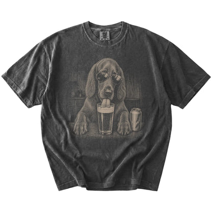 Irish Setter sneaking a drink from a foamy pint at home on a Pepper Comfort Colors® t-shirt