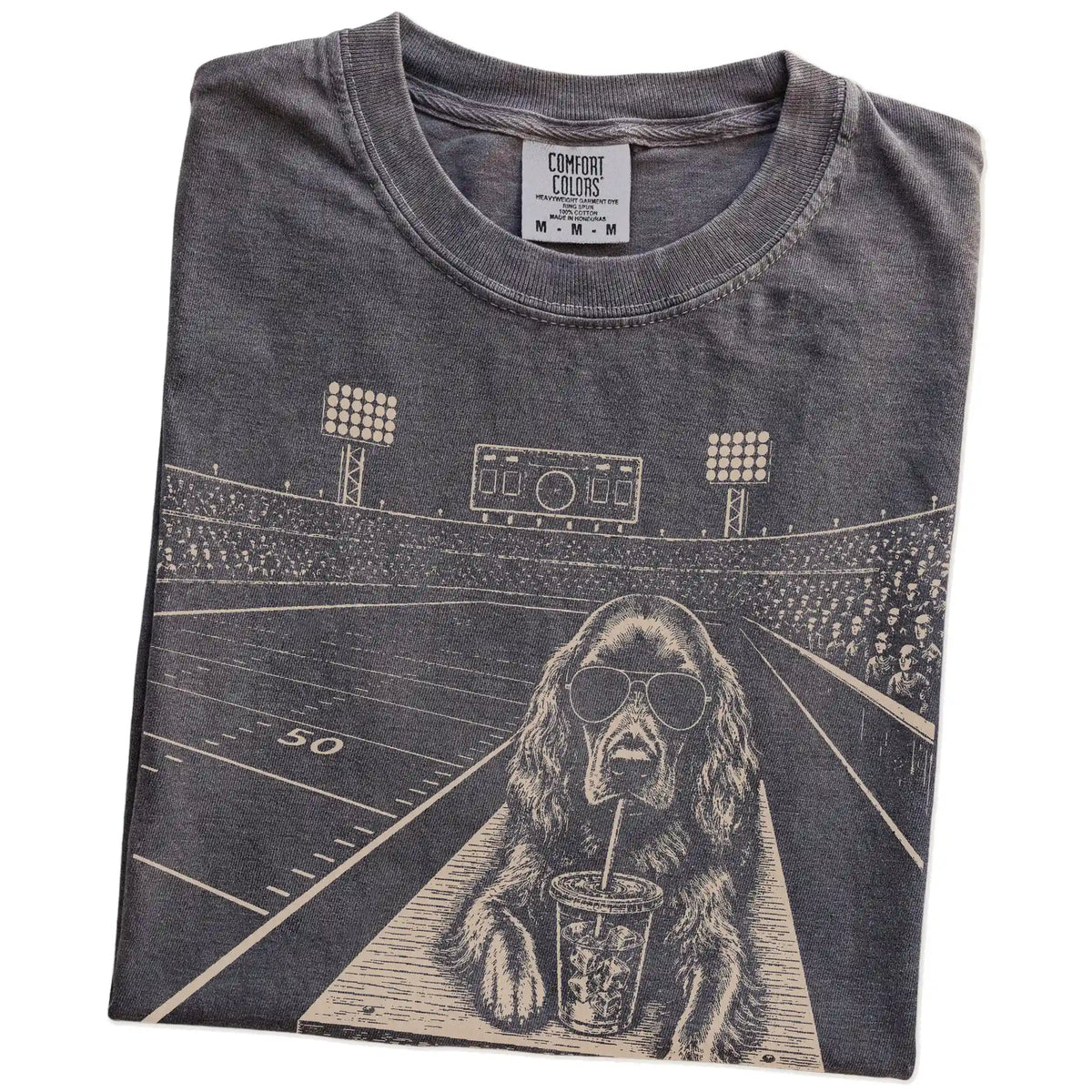 Folded Pepper Comfort Colors® T-shirt showing Irish Setter ready for football and tailgate season