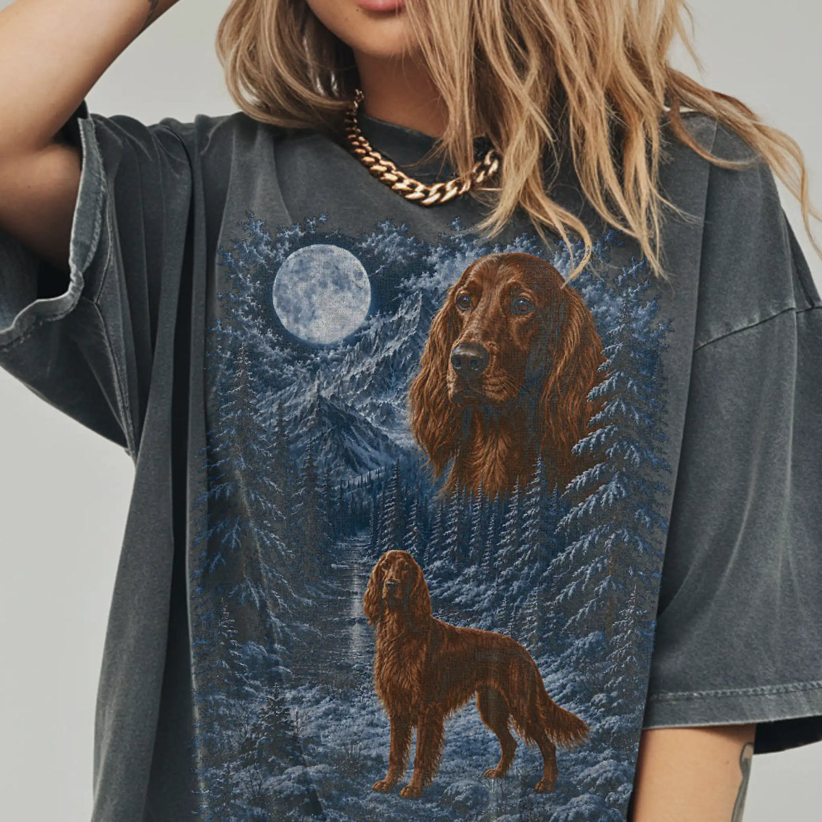 Person wearing a Pepper Irish Setter winter forest t-shirt