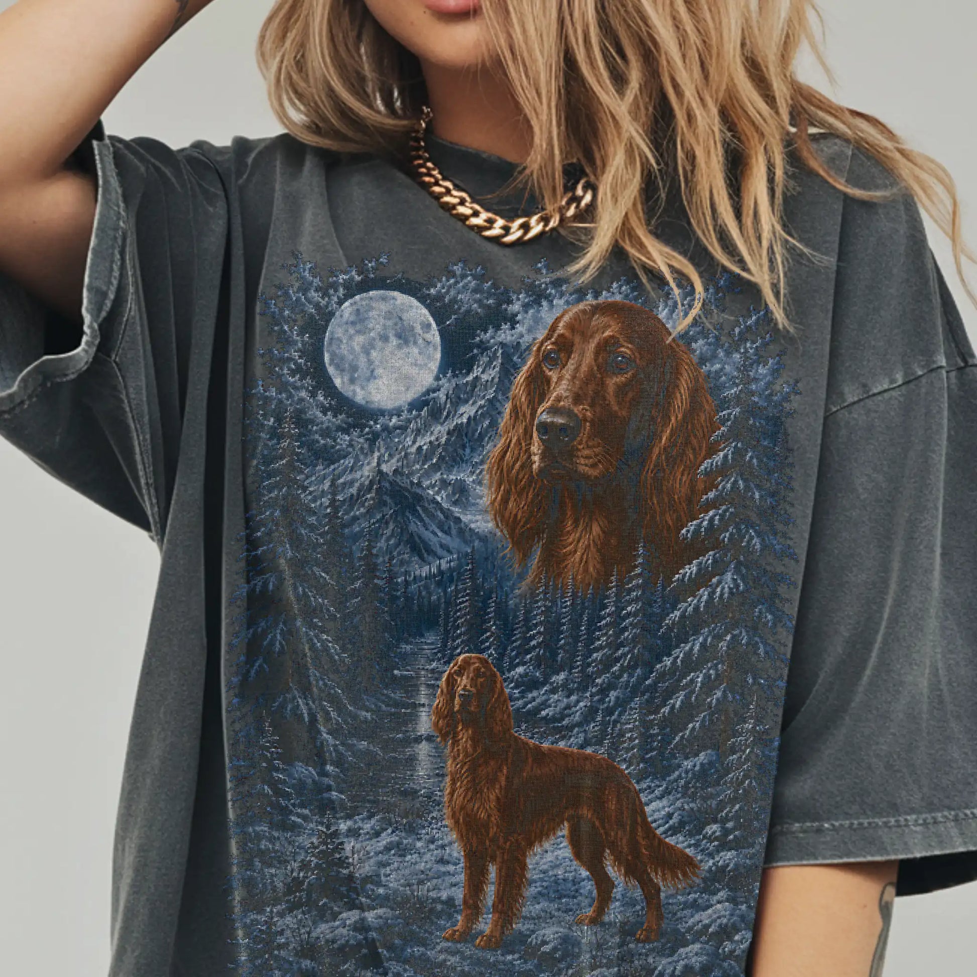Person wearing a Pepper Irish Setter winter forest t-shirt