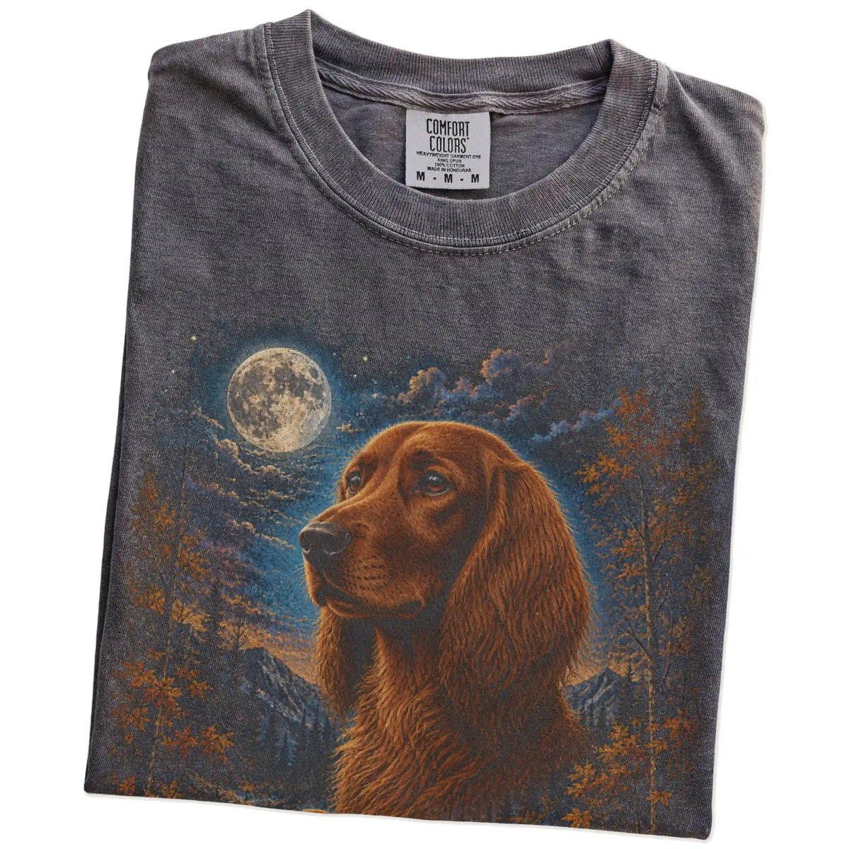 Folded Pepper Comfort Colors® t-shirt showing Irish Setter in a fall forest graphic