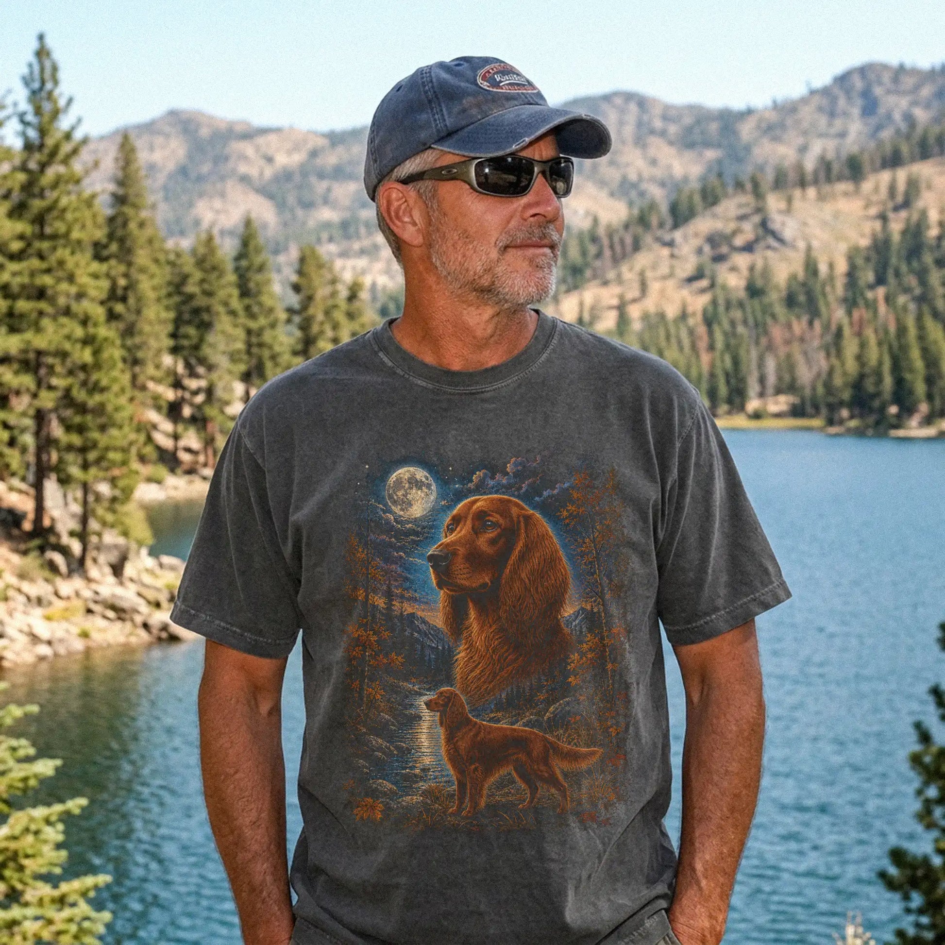 Model wearing a Pepper Comfort Colors® t-shirt featuring Irish Setter in a moonlit fall forest