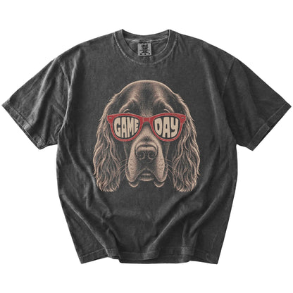 Irish Setter wearing red Game Day sunglasses on a Pepper Comfort Colors® T-shirt