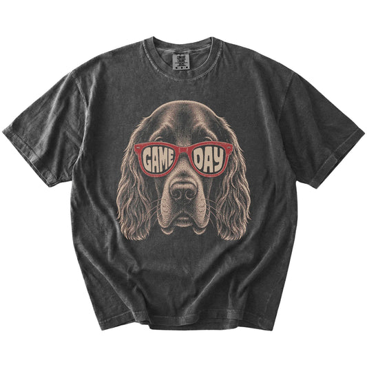 Irish Setter wearing red Game Day sunglasses on a Pepper Comfort Colors® T-shirt