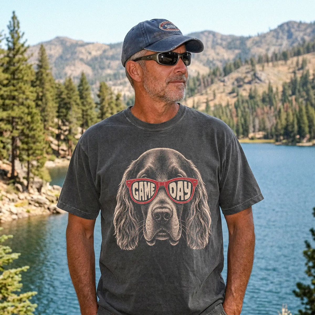 Model wearing a Pepper Comfort Colors® T-shirt with irish setter wearing red game day sunglasses