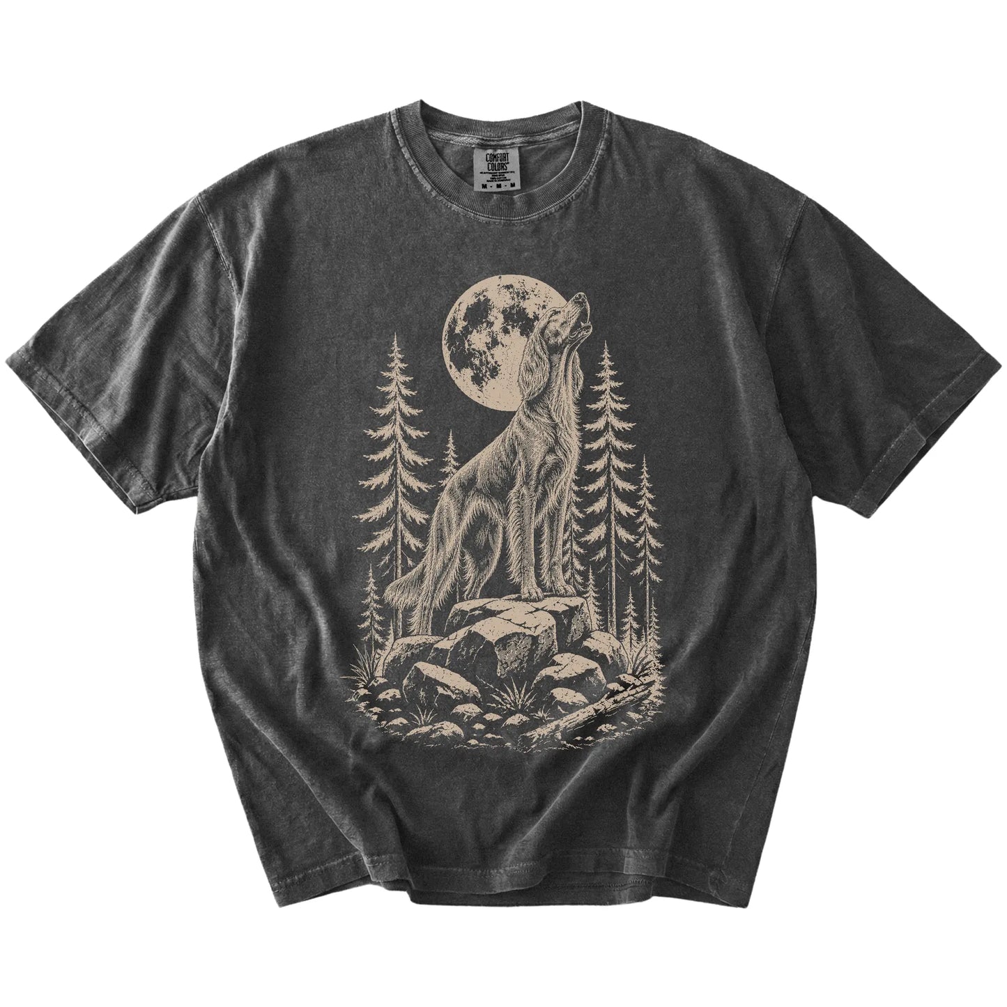 Irish Setter howling beneath the moon and pine trees on a Pepper Comfort Colors® T-shirt