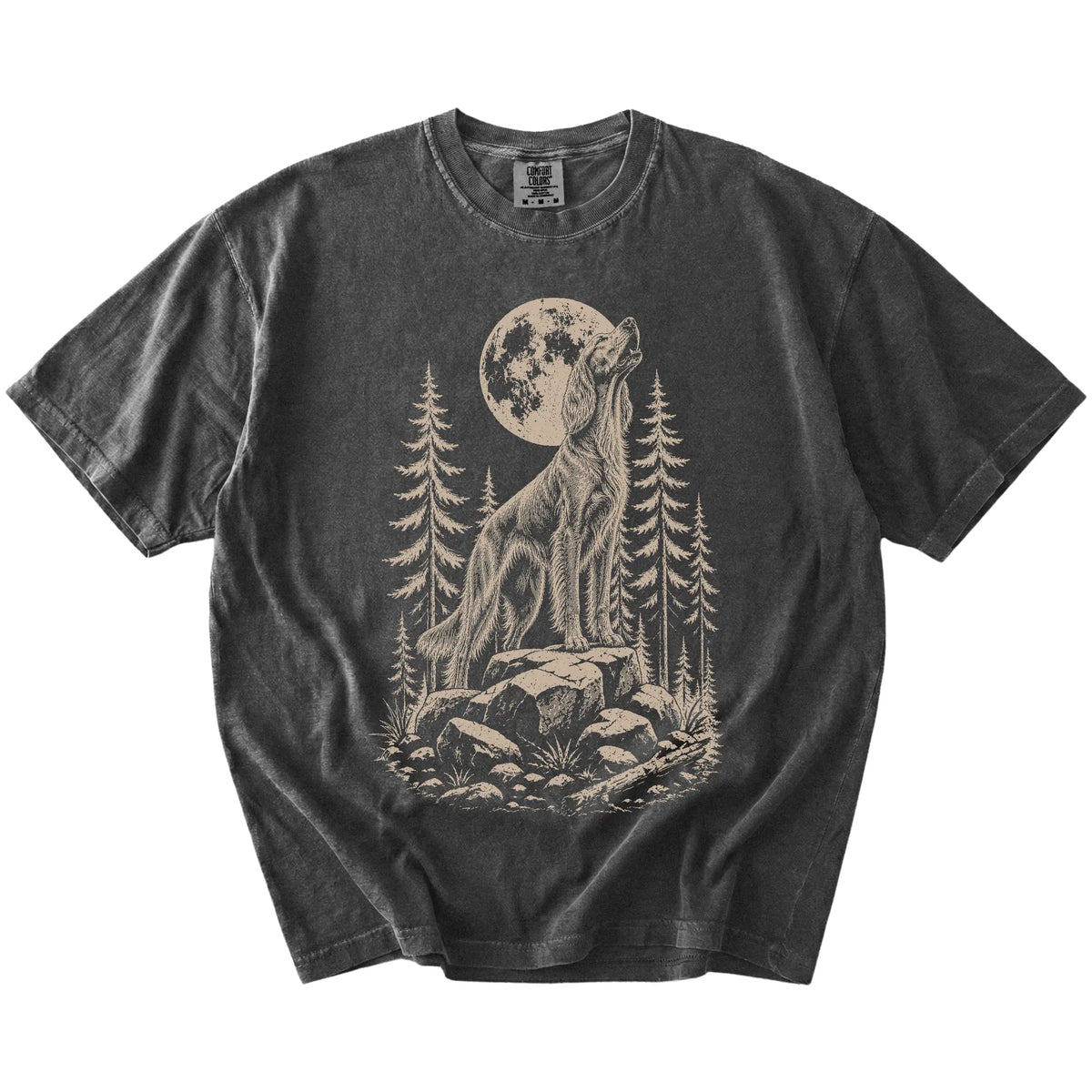 Irish Setter howling beneath the moon and pine trees on a Pepper Comfort Colors® T-shirt